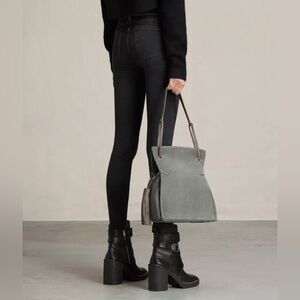 All Saints Freedom Suede Bucket Bag Grey with Taupe Tassels